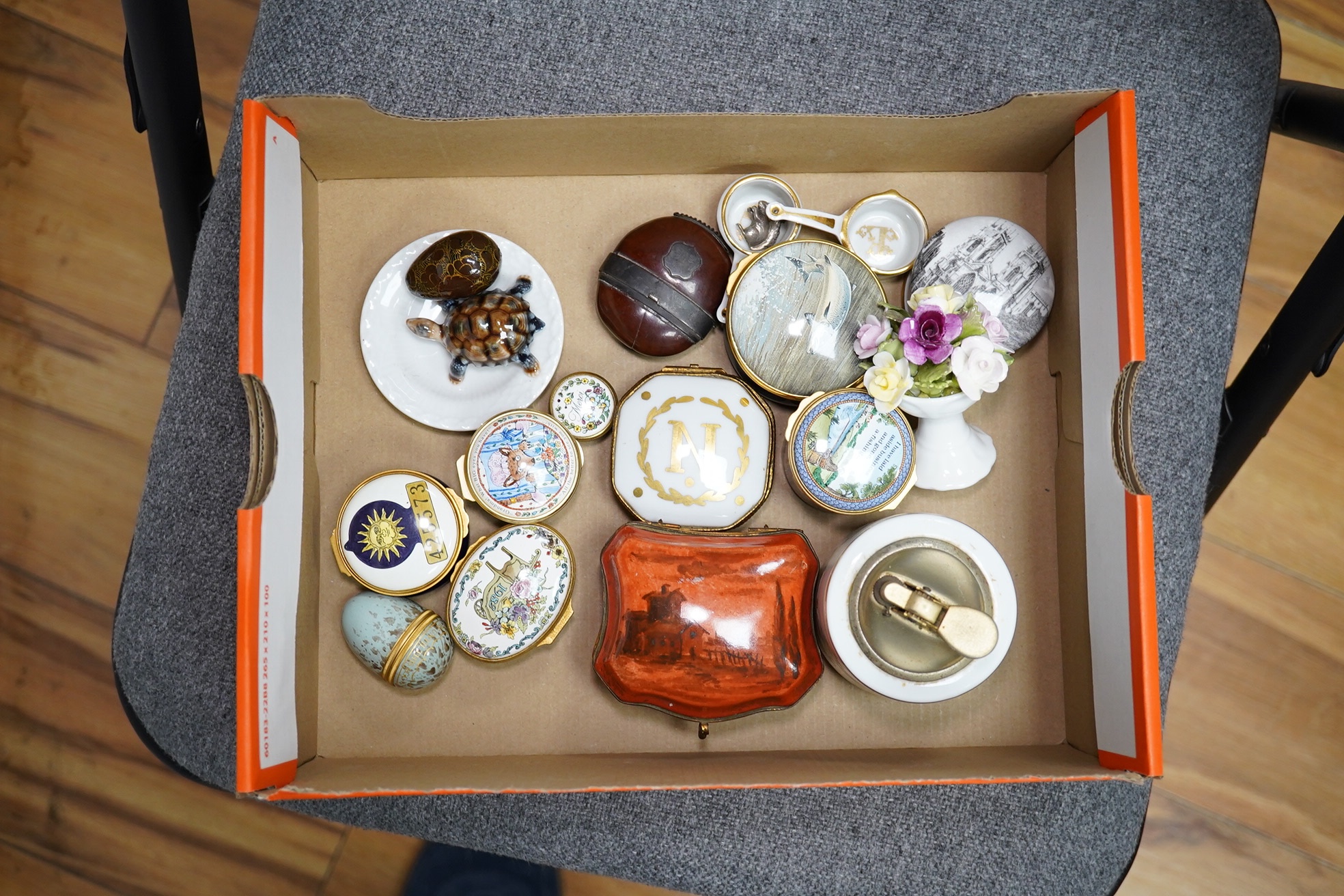 A collection of Halcyon Days patch boxes including Limoges and other miniatures, largest 9cm high. Condition - varies, mostly fair